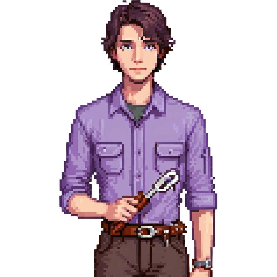 Focused male tinkerer, Caucasian features, short dark brown hair, sharp gray eyes, neutral expression, wearing violet work shirt with rolled-up sleeves, holding a small wrench in one hand, waist-up, front-facing emoji