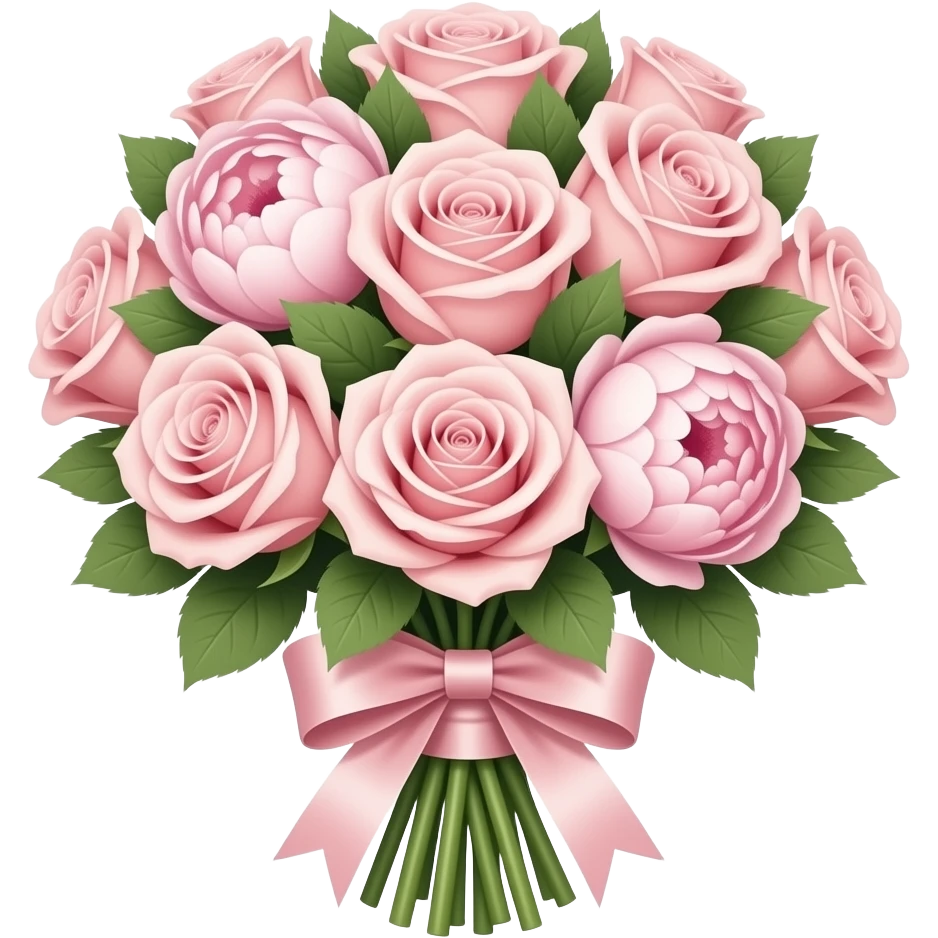 Elegant flower bouquet from a London luxury florist, isolated, centered, no background, blush roses, peonies, satin ribbon, romantic feminine Mayfair aesthetic emoji