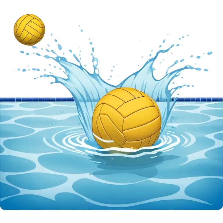 An icon featuring a yellow water polo ball floating on the water with goals in the background, inside a swimming pool. The design includes splashes and ripples, symbolizing the fast-paced action and strategy of water polo. Transparent background highlights. emoji
