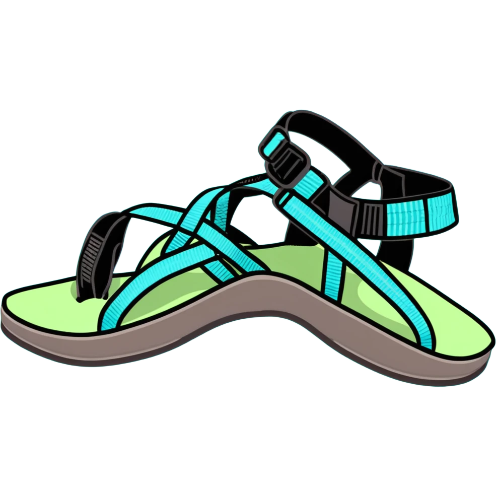 Chaco sandal with toe loop, black footbed, light blue and light green straps emoji