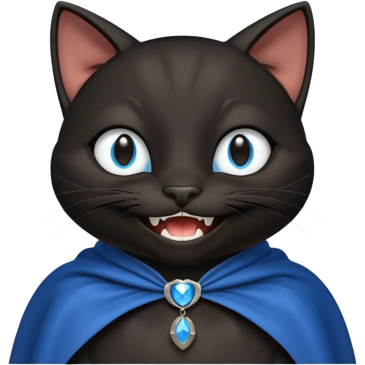 an all black anthropomorphic cat with blue eyes wears an all black cape and is smiling a mischievous sharp tooth grin emoji