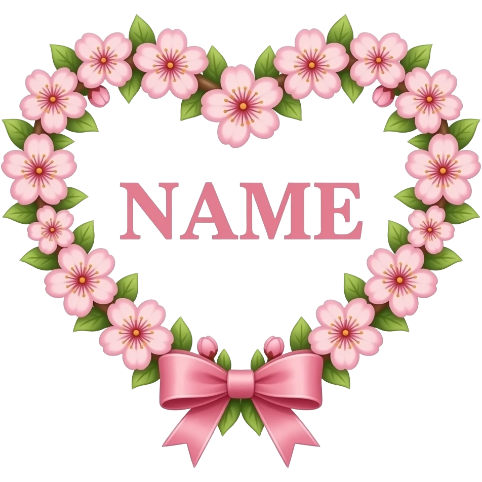 A Floral Heart formed from a ring of tiny glowing lilies and soft pink text 'NAME' cherry blossoms. A dainty silk ribbon bow is tied at the bottom. Ethereal, soft-focus lighting, iridescent finish, and floating Sparkling Hearts emoji