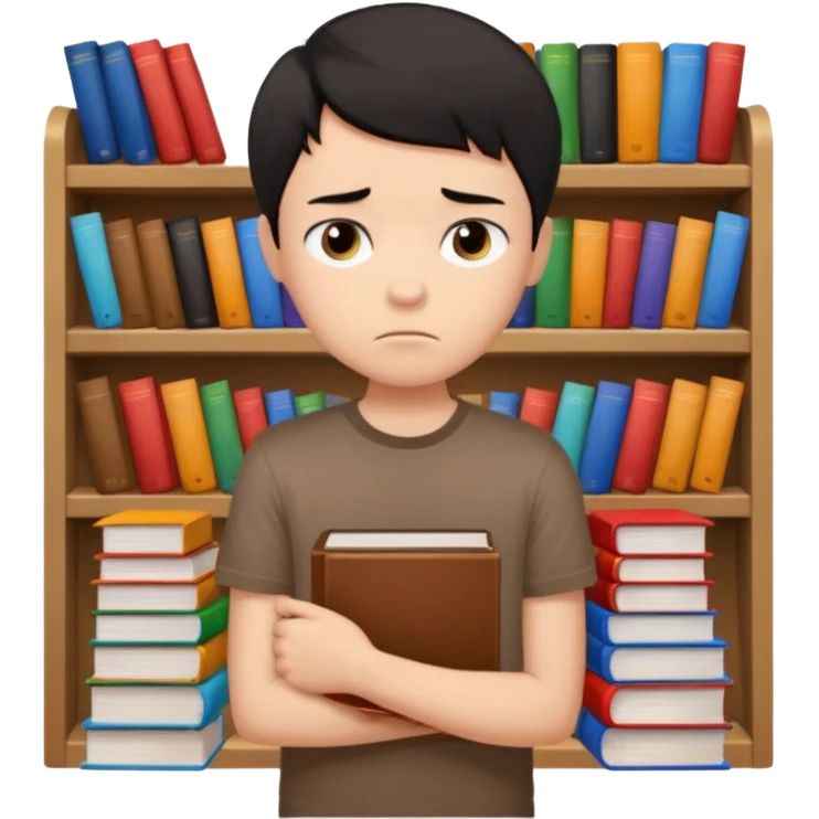 generate a pretty bratz fair skinned boy with short black hair wearing a brown tshirt surrounded by books n looking very sad emoji