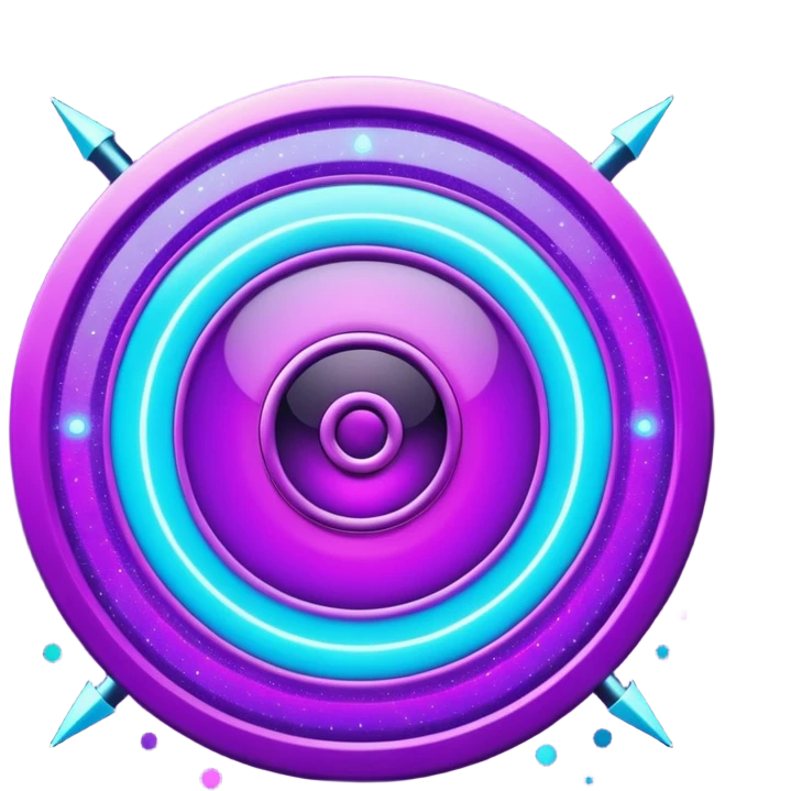 Futuristic glowing bullseye target emoji, neon purple and cyan holographic glow, dark background, digital tech style, abstract sparkles, no face. emoji