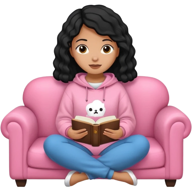 Una chica linda de cabello negro con ondas hasta los hombros de piel blanca con una sudadera rosa en un sofá cómodo y hermoso leyendo la biblia emoji