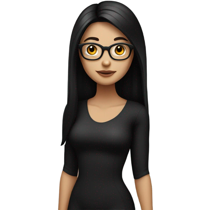 White girl with long straight black hair wearing a black bodysuit and glasses full body emoji