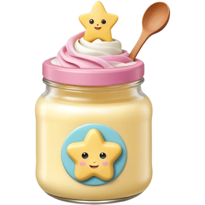 Una miniatura fotorrealista de una mantequilla corporal batida en un tarro, decorada con una pequeña figura sólida en forma de flor o estrella en la parte superior. Estilo: postre, arte, colores vibrantes. emoji