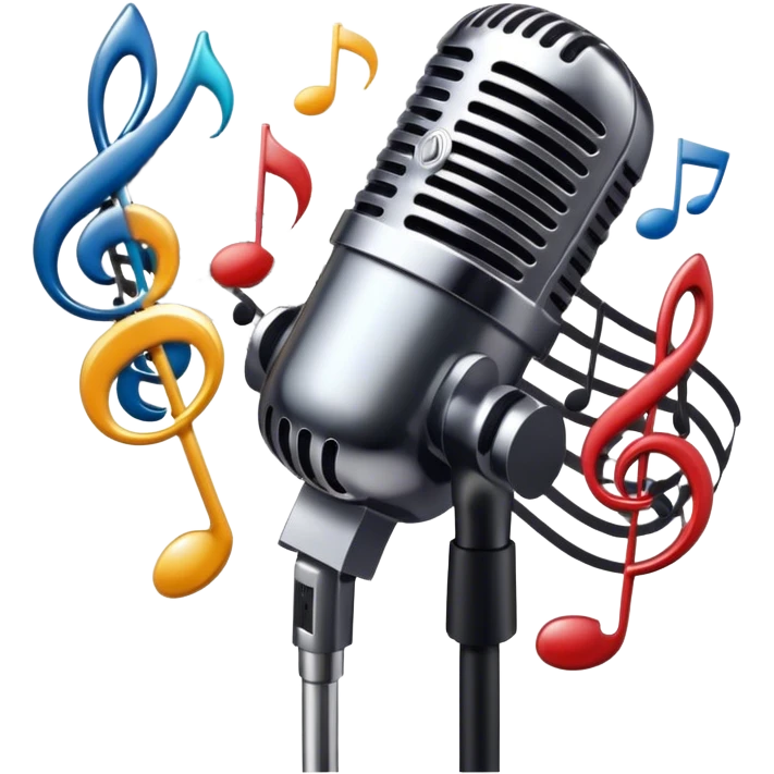 Create a dynamic and atmospheric emoji representing jazz vocal performance. The design should feature a classic, vintage microphone surrounded by flowing musical notes and soft, swirling sound waves to capture the smooth, improvisational essence of jazz. The microphone should have an old-school chrome finish, with subtle highlights that suggest its iconic, timeless quality. Include a background hint of a dimly lit jazz club or smoky stage to set the mood. Use deep, moody colors like midnight blue, gold, and black to evoke the intimate, soulful vibe of jazz vocals. The background should be transparent. emoji
