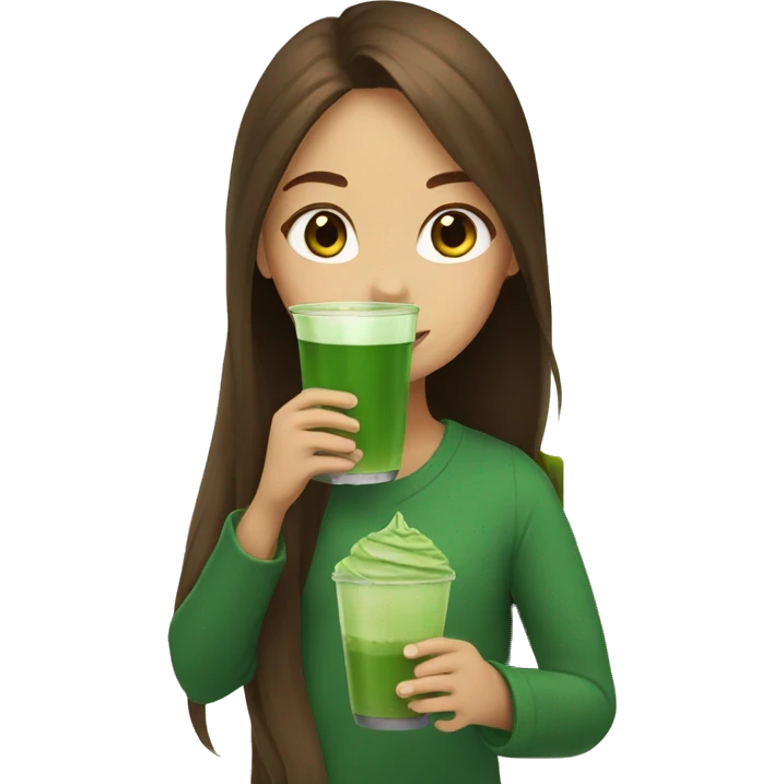 Girl with long brown hair drinking matcha emoji