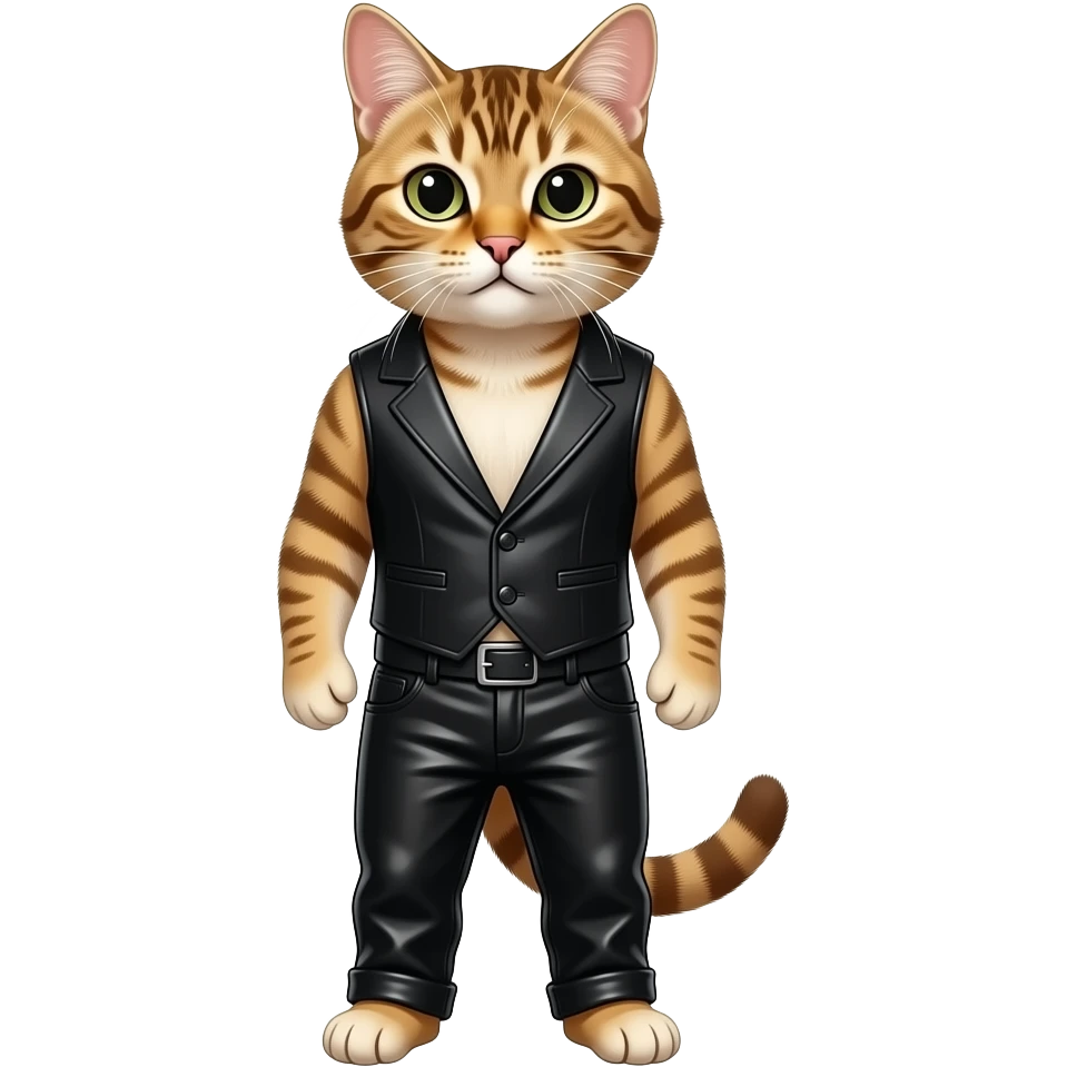 a cat wearing an open black vest and black leather pants emoji