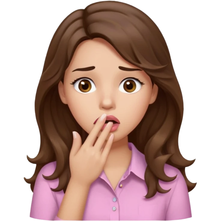 girl with wavy long brown hair, brown eyes, light to medium complexion, long lashes, light pink lipstick, wearing light pink shirt, sexy, hand covering mouth emoji