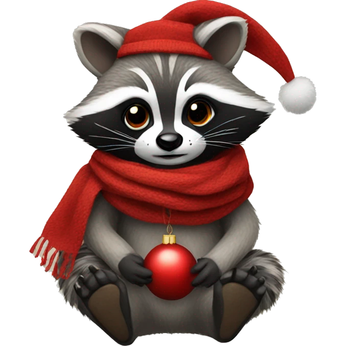 Raccoon with a scarf on holding a red ornament  emoji