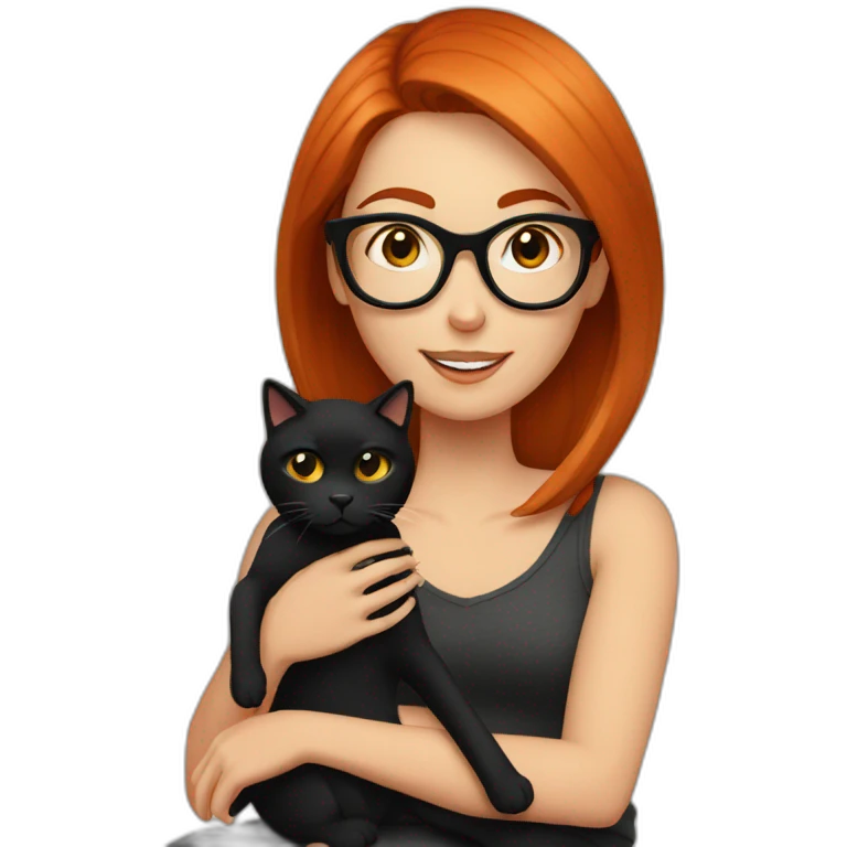 woman with straight red hair and black-rimmed glasses, with a black cat on her lap emoji