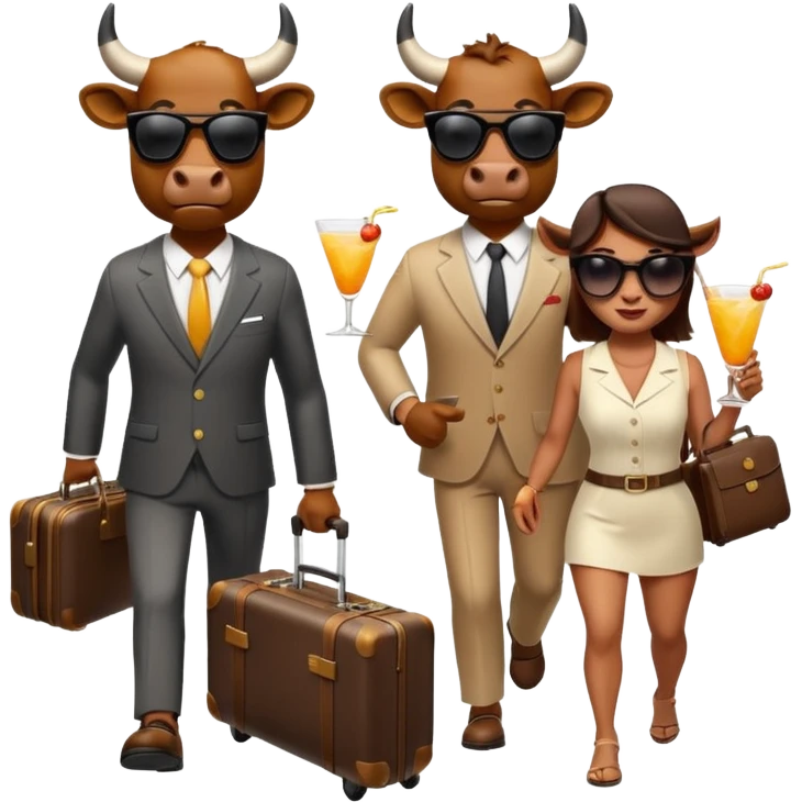 generate an emoji of a group of up to 8 male and female bulls travelling together on holidays. One bull has a suitcase, one has sunglasses, one is carrying a cocktail. They're all in motion, walking together. Make the characters look like bulls emoji