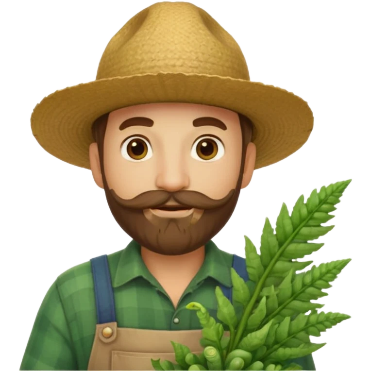 farmer emoji in classic apple style, same outfit and hat as original 🧑‍🌾, holding a leafy bunch of fiddlehead ferns, light moustache and beard, facial features inspired by reference photo, happy expression emoji