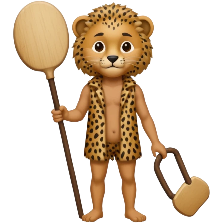 Give me a human who has hunch back and wearing cheetah print clothes  lot of hair on his body show full body and has a stick in his hand emoji
