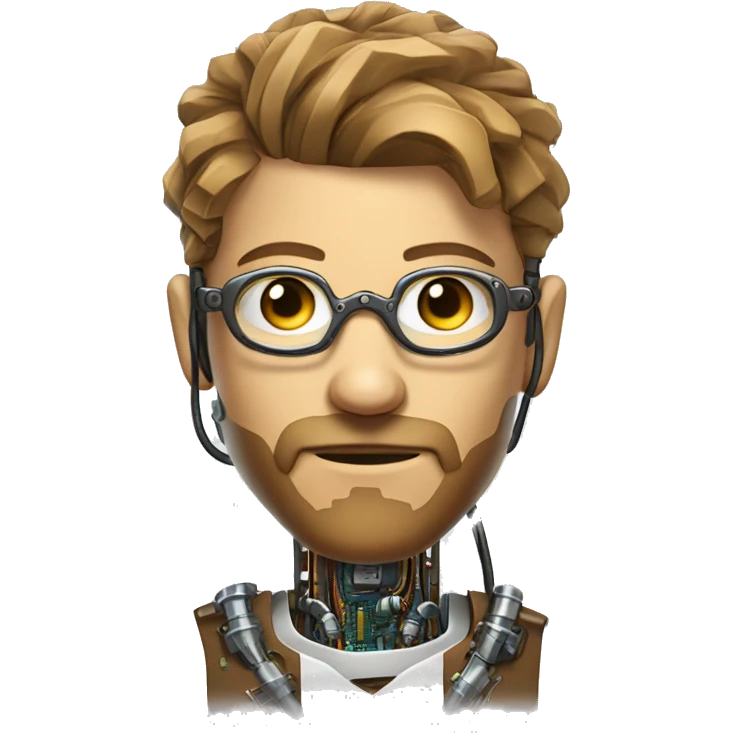 Male cyborg head with light brown hair, light brown beard, steampunk glasses, circuits, wires  emoji