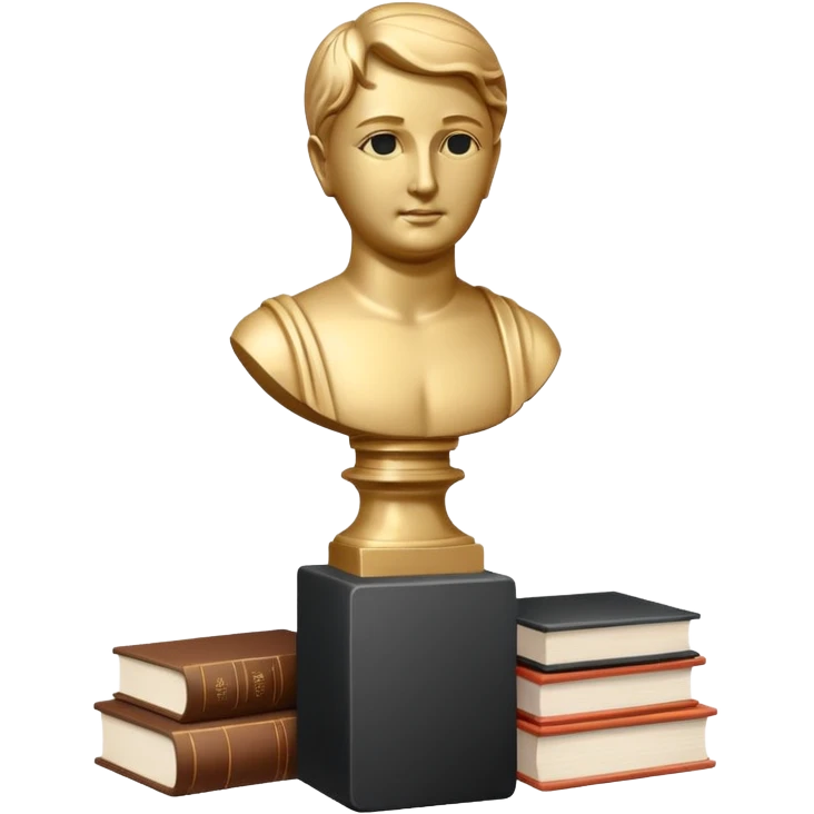 Minimalistic flat vector icon, iOS style, thin black contour on white background. Bust statue on a small pedestal next to a stack of books, symbolizing classic literature. Clean, no text, no shadows emoji