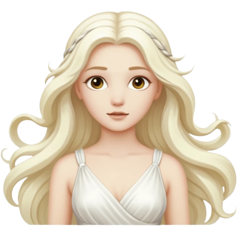 Aura, Breeze Goddess from Rome Mythology with long white blonde hair, white outfit emoji