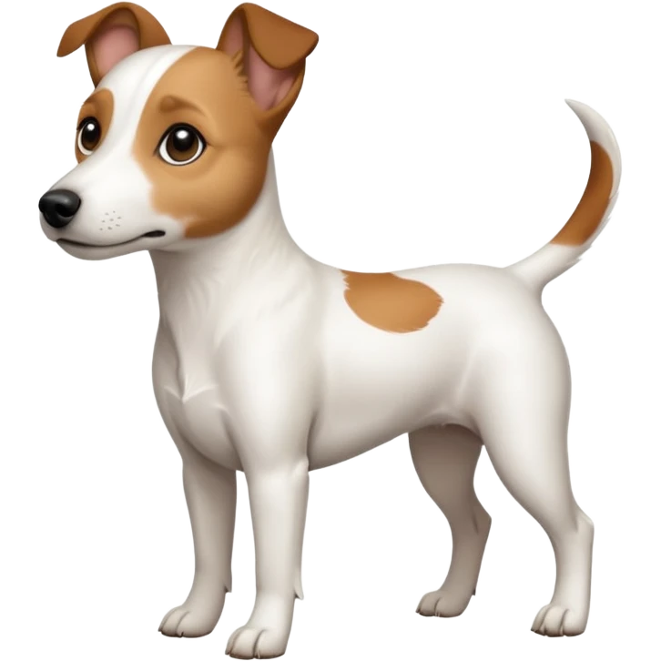 a full body white jack russel looking dog the size of a kelpie with light brown ears and a light brown patch on one eye, flopped down ears and a large snout emoji