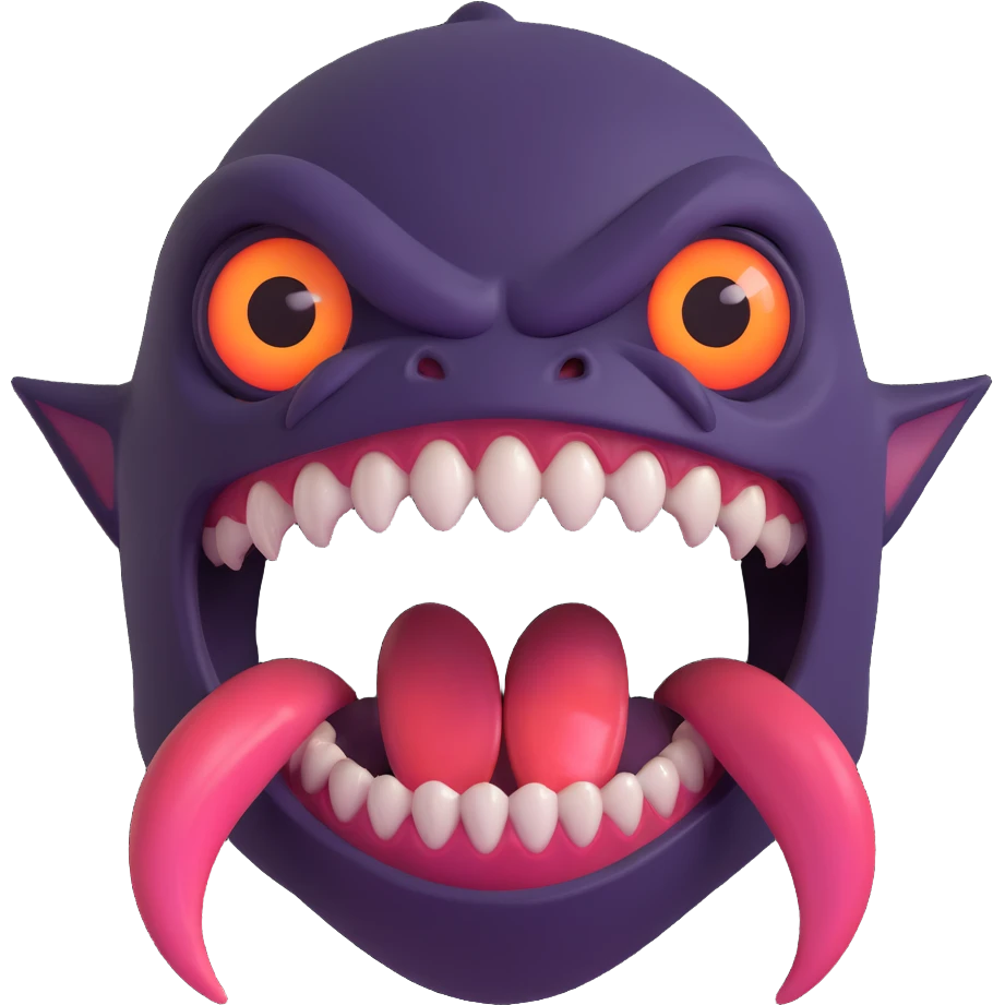 creepy creature with exaggerated fangs and a massive tongue, glowing eyes, horror vibe emoji