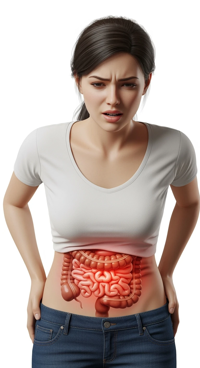 UNA DONNA REALISTICA con mal di pancia, INTESTINO ANATOMICO INFIAMMATO VISIBILE, MAL DI PANCIA, posa frontale, ISOLATA SU SFONDO BIANCO, IPERREALISTICA 4K emoji