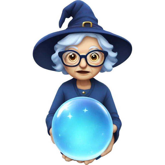 smart granny witch with glasses and blue hat in crystal ball emoji