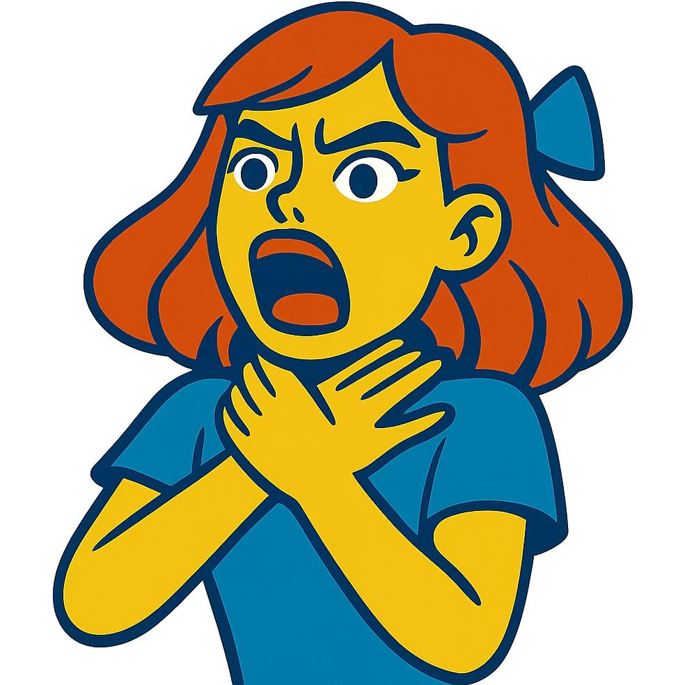 girl expressing intense emotion with hands near her neck, dramatic facial expression, vibrant toon style emoji