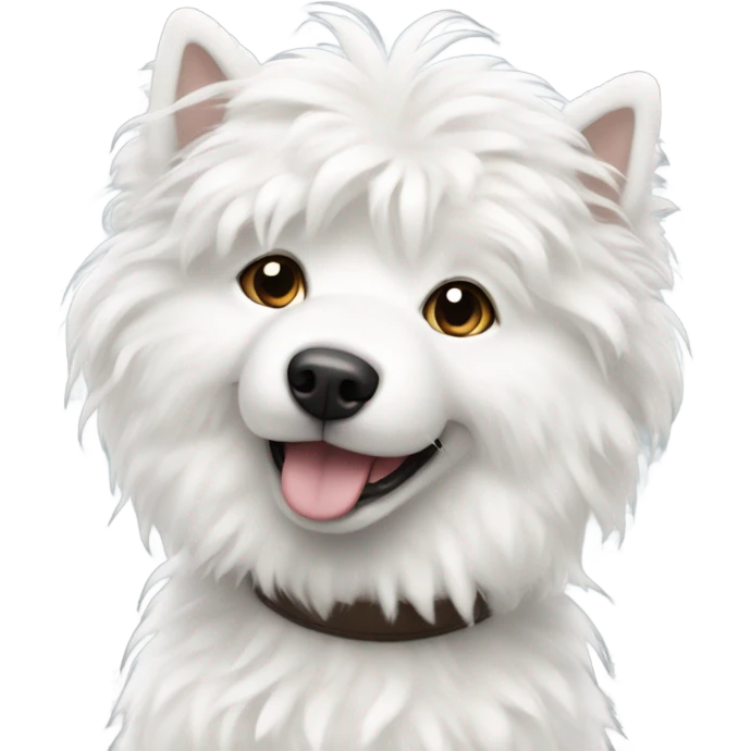 White fluffy dog with white spots and ears that stick up emoji