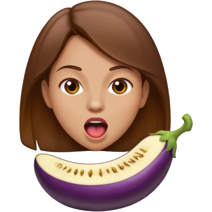 Brown hair light skin woman mouth open about to eat an eggplant emoji