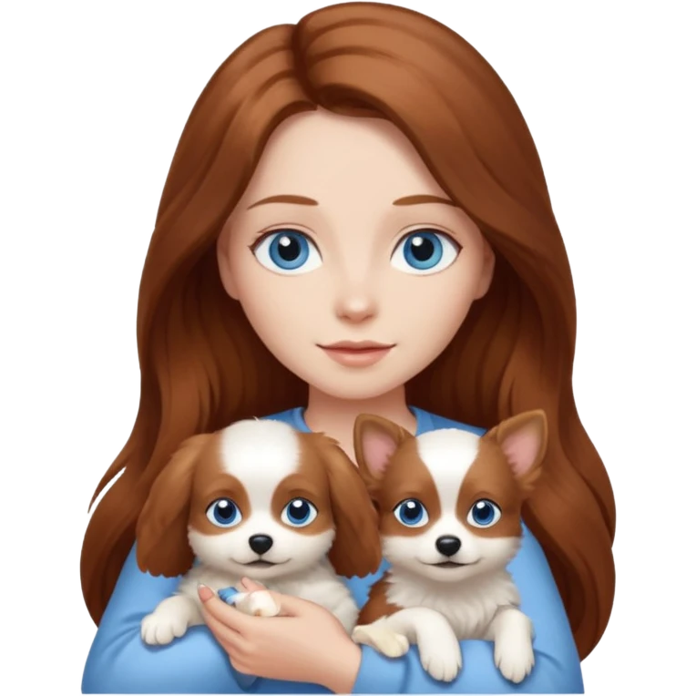 long hair chestnut color blue eyes woman holding small white dog emoji