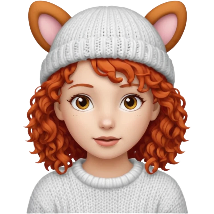 A red-haired curly-haired girl in a white knitted hat with ears emoji