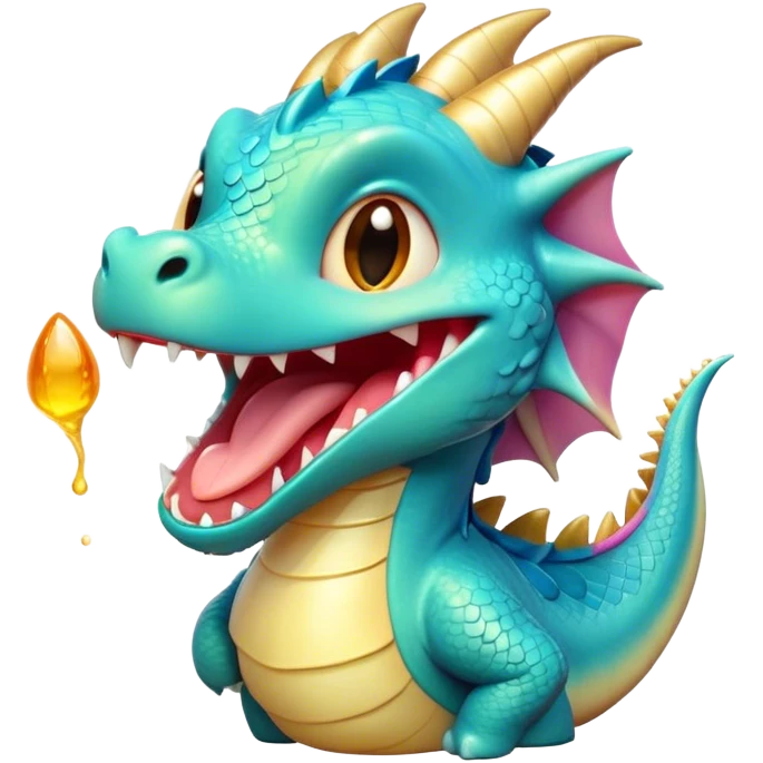 Cinematic Cute Yawning Dragon Portrait Emoji, Head tilted slightly with a dramatic, wide-open yawn, showcasing a soft, lustrous scaled body with gently drooping fins and half-closed, drowsy eyes, Simplified yet irresistibly adorable features, highly detailed, glowing with a soft, cozy mythical glow, high shine, relaxed yet expressive, stylized with a dash of fantastical charm, soft glowing outline, capturing the essence of a sleepy yet affectionate dragon that seems ready to stretch out and rest in its enchanted lair! emoji