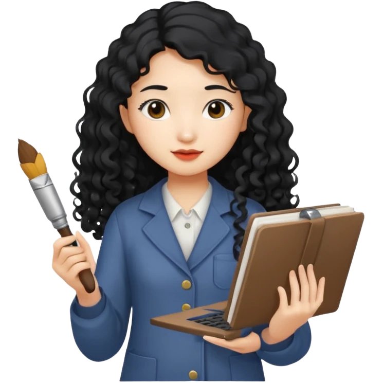 Asian girl with long curly hair holding a laptop, a paintbrush, a book, and a camera in her hands emoji