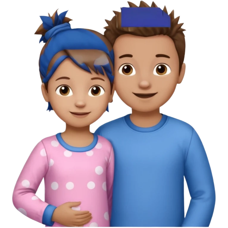 A smaller toddler girl with brown hair with her hair up, wearing pink pajamas and a bigger 4 year old boy with spikey brown hair, wearing blue pajamas. Both light skin and smiling.  emoji