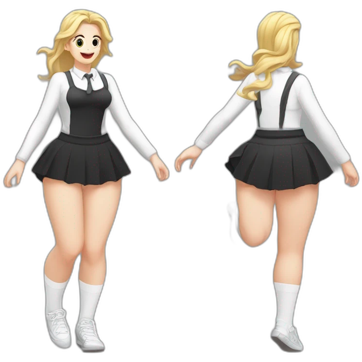 full body caucasian curvy beauty jumping short black skirt back and front views strong wind white knickers long white socks emoji