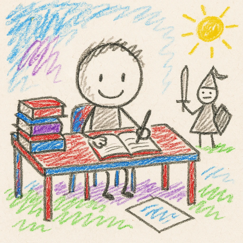 beginning author sitting at a desk with a notebook and a pen, surrounded by books and papers, imagining a knight emoji
