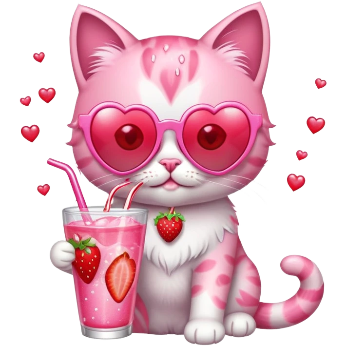 A bubblegum pink kitten with heart-shaped sunglasses, sipping a strawberry soda, surrounded by sparkles and summer vibes. emoji