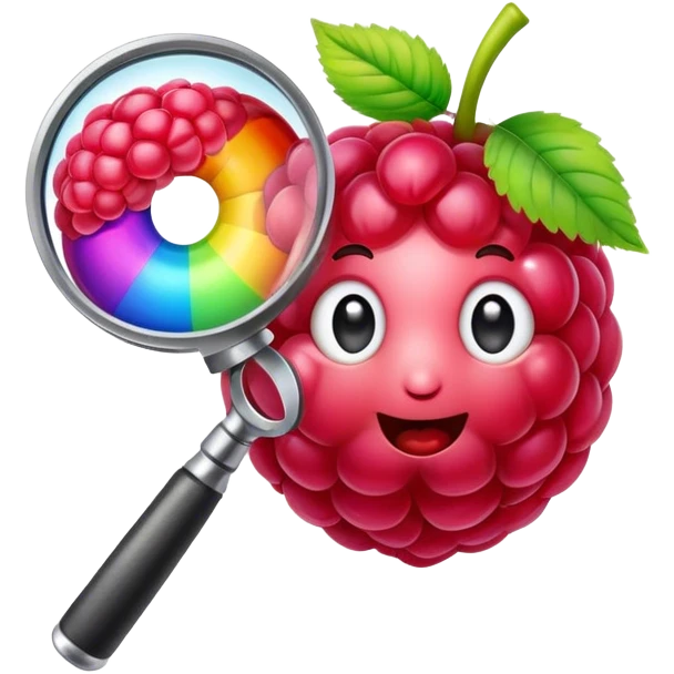 a raspberry holds an rainbow colored magnifier emoji