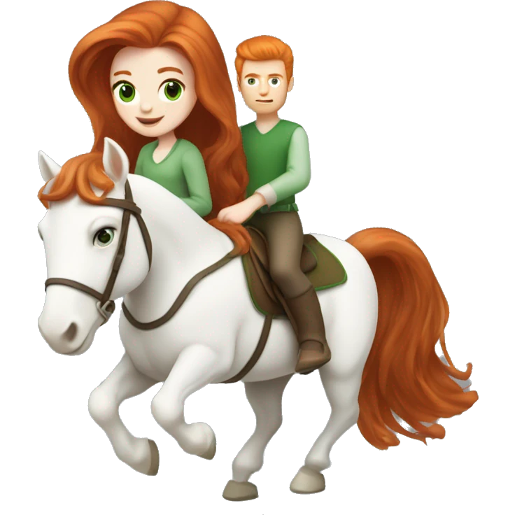 Redhead (ginger) girl, long blowout hair, green eyes and pale skin riding a white horse emoji