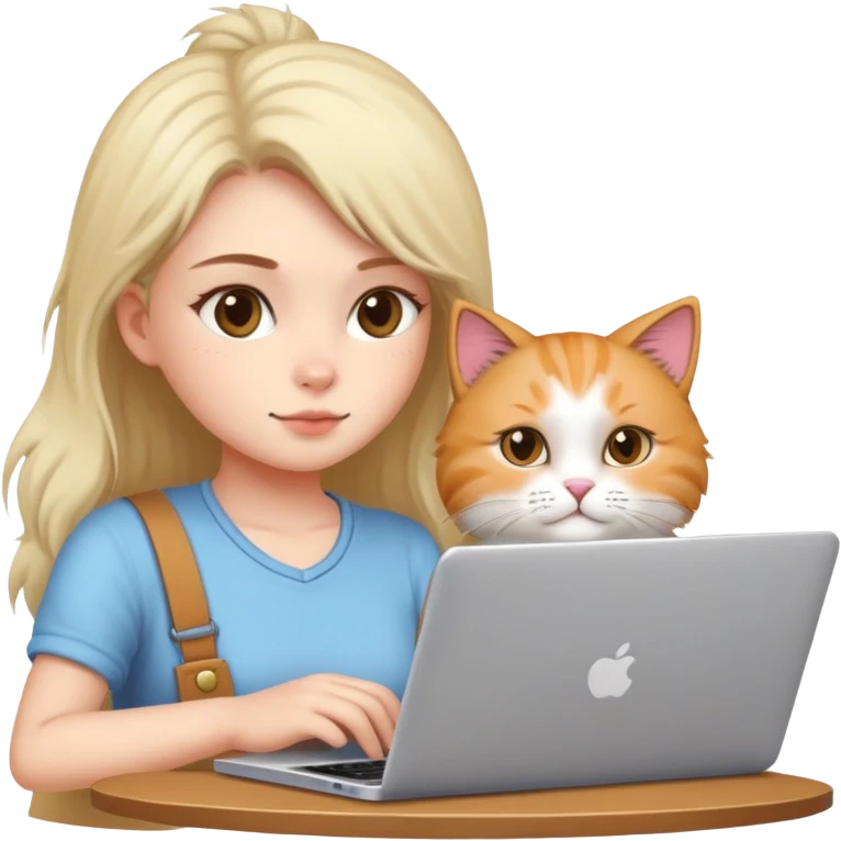 A girl is working hard on a laptop with a cat next to it emoji