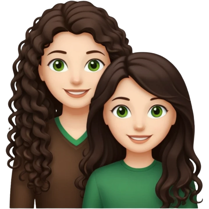 Two besties: 1: long ironed straight darkbrown hair, green eyes 2: long curly darkbrown hair, brown eyes emoji