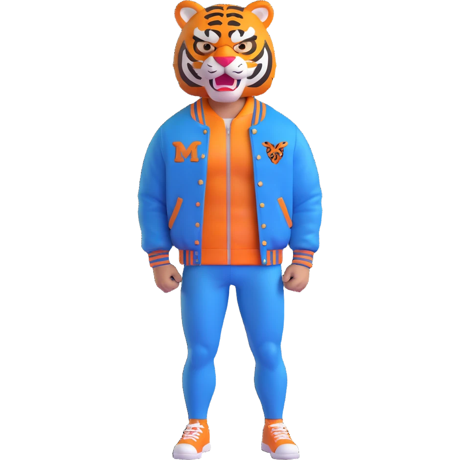 Tony from Hotline Miami, muscular man in varsity jacket with tiger mask, 3D emoji style emoji