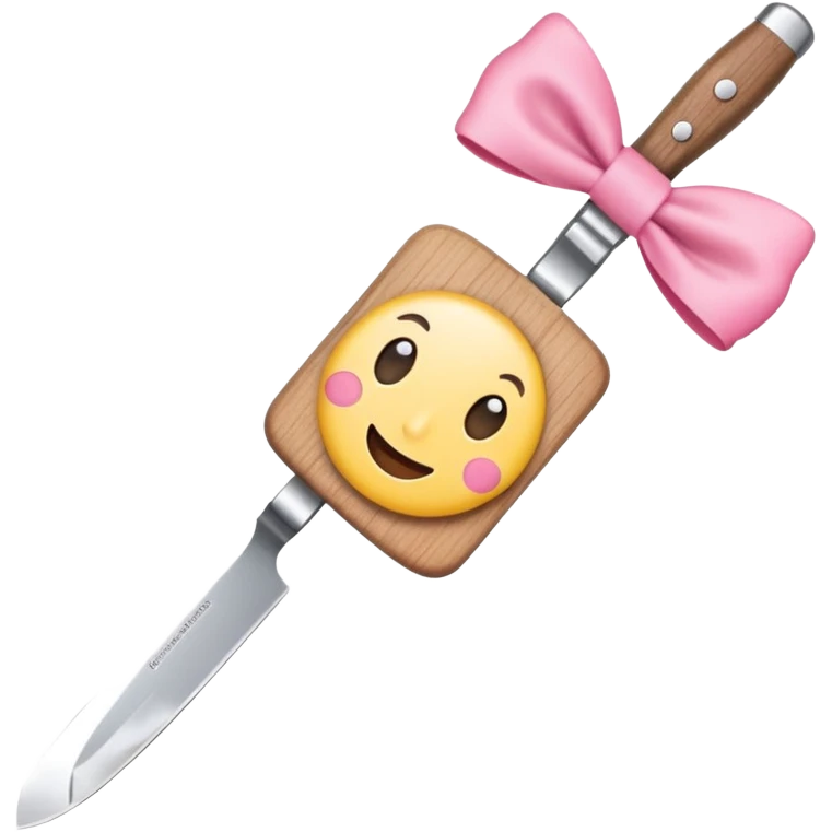 Emoji style illustration of a kitchen knife with a cute pink bow tied around the handle, minimalistic, clean design, white background, soft colors, flat vector style, kawaii emoji emoji