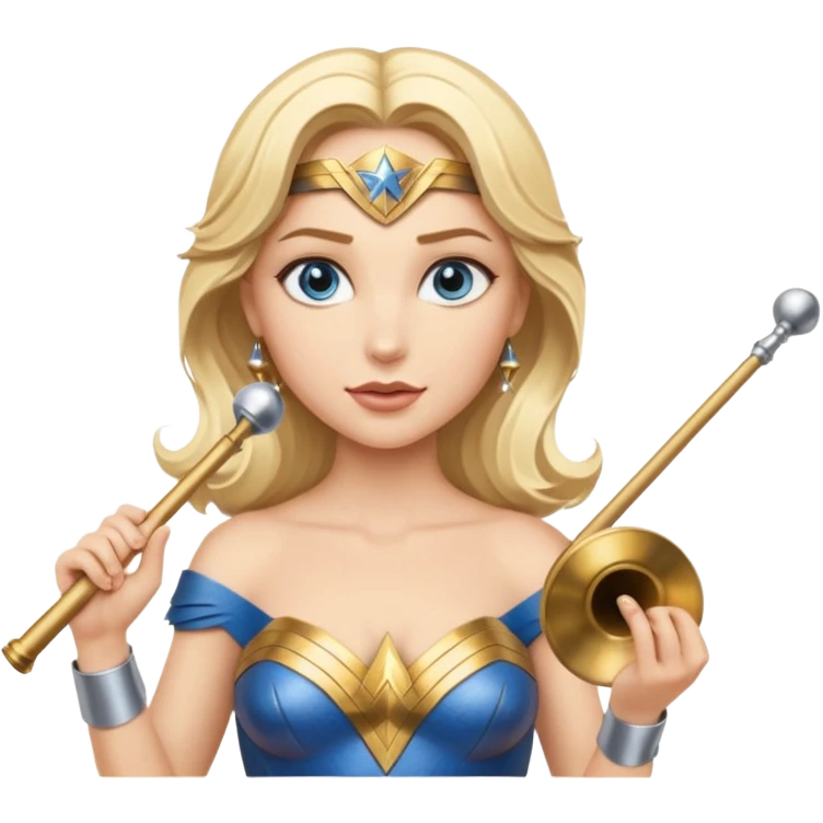 Blonde blue eyed Wonder Woman holding white orchestra conductor’s baton and bell  emoji