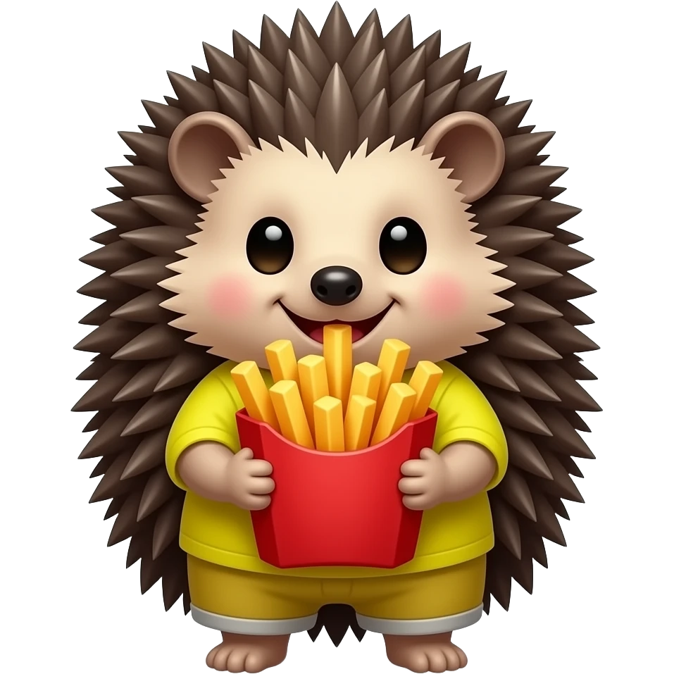 cute Hedgehog wearing bright cloth and eating big French Fries, front facing emoji
