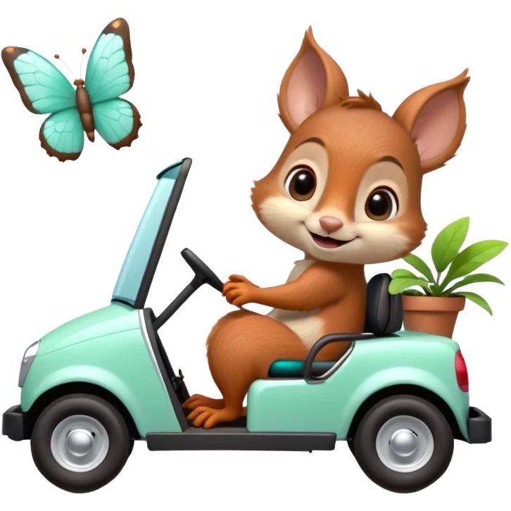 High-quality 3D Pixar-style mint green golf cart speeding in bright courtyard, driven by a super-cute smiling baby squirrel, glossy fur, big eyes, vibrant colors, smooth shading, butterflies, potted plants, bright daylight. emoji