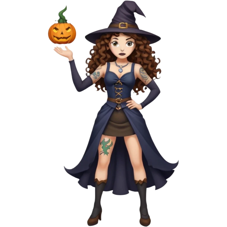 full body view of a woman with long curly brown hair, brown eyes, white skin, tattoos, hands on hips, unimpressed witch stance, psychedelic background swirl emoji