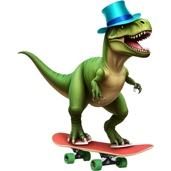 A T-Rex with a party hat riding a skateboard emoji