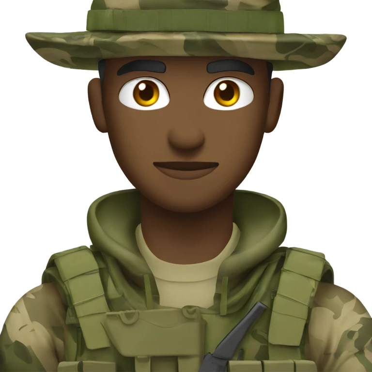 white man recon marine wearing camouflage jungle fatigues with bush hat and rifle emoji